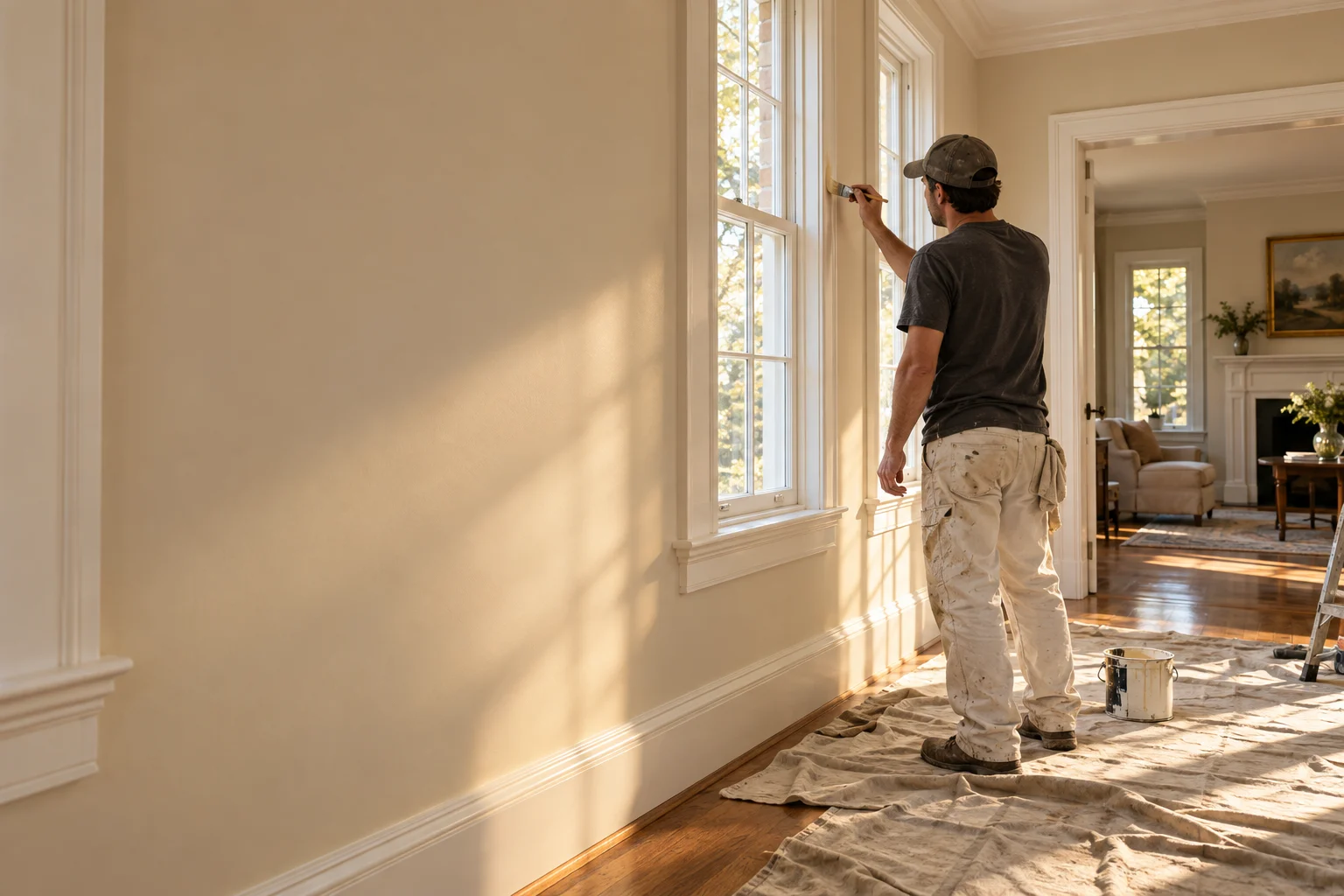 Illustrative painter carefully brushing the edge of a window in a warm New England interior; AI-generated, not the Proper Paint crew